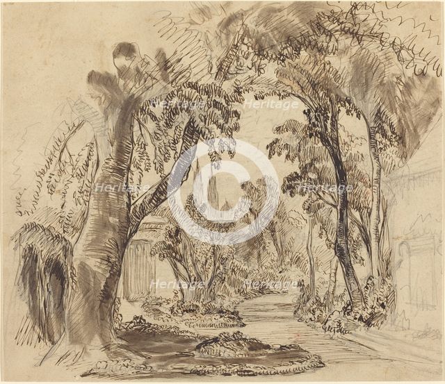A Tree-lined Garden Path (Preliminary Sketch for "Sleeping Beauty and the Beast"?), 1900?. Creator: Robert Caney.