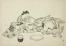 A trial of strength, no. 9 from a series of 12 prints, c. 1708. Creator: Okumura Masanobu
