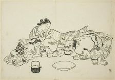 A trial of strength, no. 9 from a series of 12 prints, c. 1708. Creator: Okumura Masanobu
