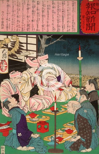 A Triple Wedding in the Family of the Farmer Matsunosuke, 1875. Creator: Tsukioka Yoshitoshi.