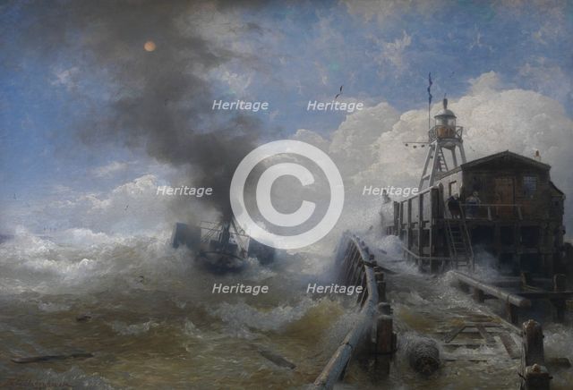A Tug Leaving the Port of Ostend at High Tide, 1878. Creator: Andreas Achenbach.