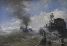 A Tug Leaving the Port of Ostend at High Tide, 1878. Creator: Andreas Achenbach