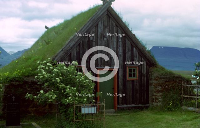 A turf church from the 1850s. Artist: Unknown