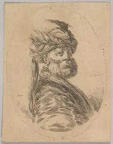 A Turkish man with a beard and turban with one long feather in front, turned three-quarter..., 1650. Creator: Stefano della Bella