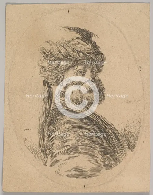 A Turkish man with a beard and turban with one long feather in front, turned three-quarter..., 1650. Creator: Stefano della Bella.