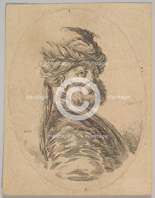 A Turkish man with a beard and turban with one long feather in front, turned three-quarter..., 1650. Creator: Stefano della Bella.