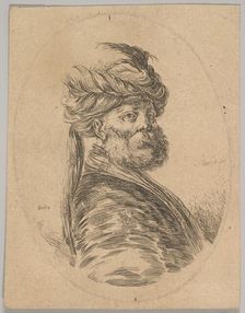 A Turkish man with a beard and turban with one long feather in front, turned three-quarter..., 1650. Creator: Stefano della Bella