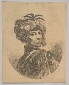 A Turkish man with a moustache, wearing a turban decorated with five egret feathers, turne..., 1650. Creator: Stefano della Bella