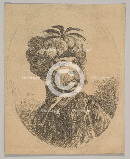 A Turkish man with a moustache, wearing a turban decorated with five egret feathers, turne..., 1650. Creator: Stefano della Bella.