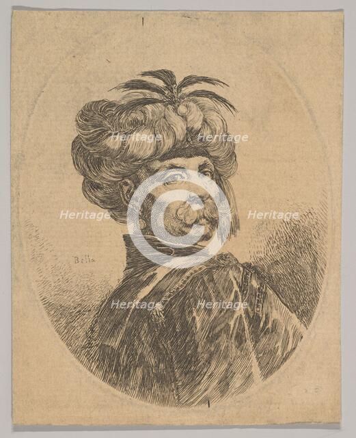 A Turkish man with a moustache, wearing a turban decorated with five egret feathers, turne..., 1650. Creator: Stefano della Bella.
