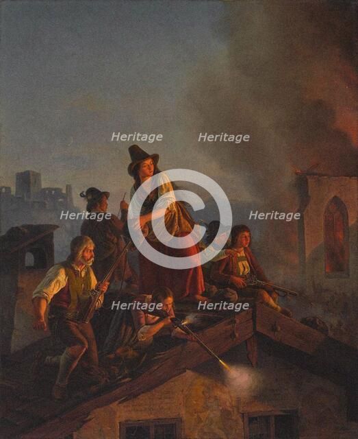 A Tyrolean peasant family defends their house against attacking soldiers. (Scene from the 1809 Tyrol