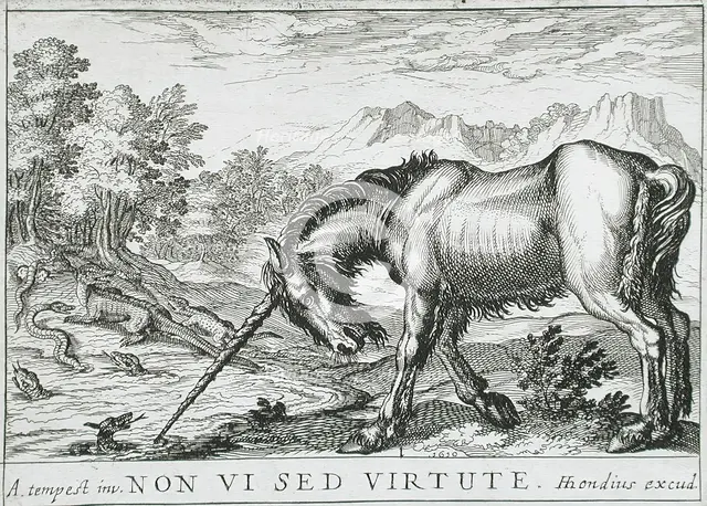 A Unicorn Chasing Lizards from a Pond, 1610. Creator: Hendrick Hondius I.