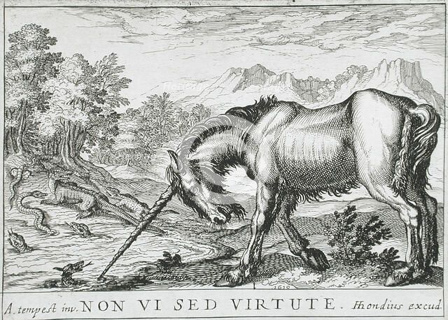 A Unicorn Chasing Lizards from a Pond, 1610. Creator: Hendrick Hondius I.