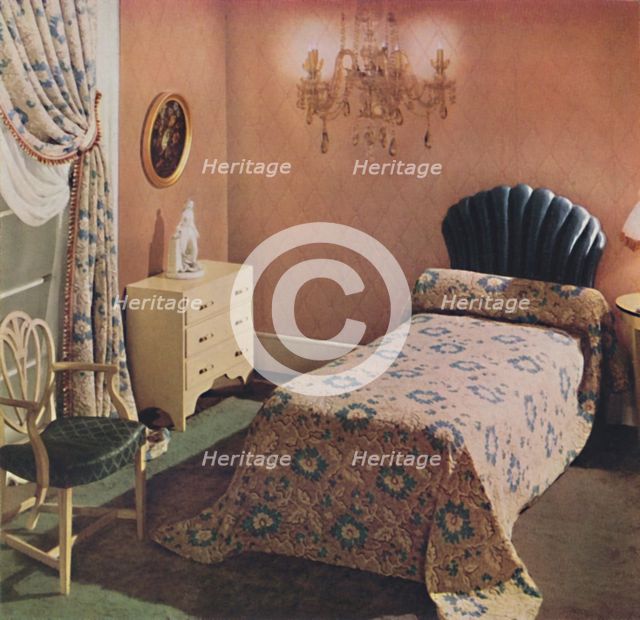 'A Vantona 'Court' bedcover gives a luxurious note to this bedroom', 1942. Artist: Unknown.