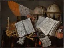 A Vanitas Still Life with a Flag, Candlestick, Musical Instruments, Books, Writing Paraphernalia... Creator: Edwaert Collier