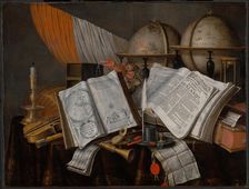 A Vanitas Still Life with a Flag, Candlestick, Musical Instruments, Books, Writing Paraphernalia... Creator: Edwaert Collier