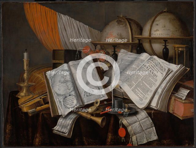A Vanitas Still Life with a Flag, Candlestick, Musical Instruments, Books, Writing Paraphernalia... Creator: Edwaert Collier.