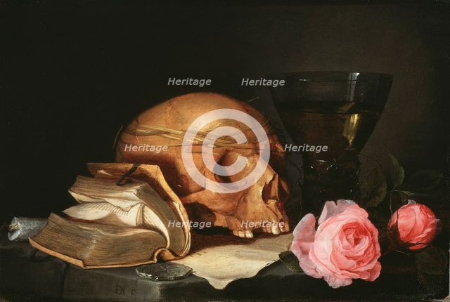 A Vanitas Still-Life with a Skull, a Book and Roses, c.1630. Creator: Jan Davidsz de Heem.