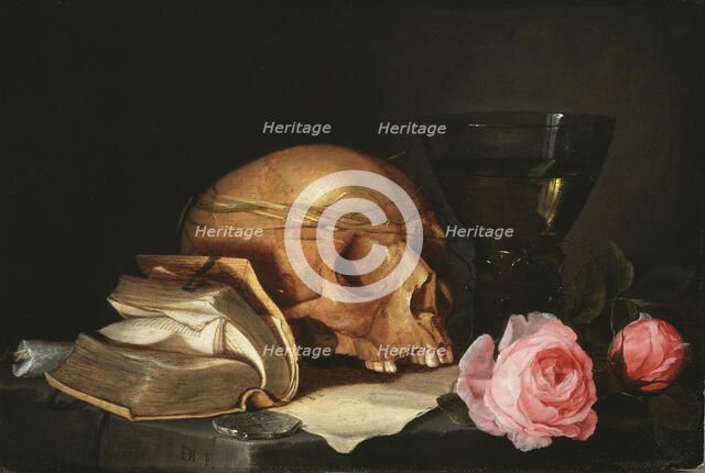 A Vanitas Still-Life with a Skull, a Book and Roses, c.1630. Creator: Jan Davidsz de Heem.