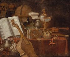 A vanitas still life with an open book, a globe, a nautilus goblet, a violin and precious objects , Creator: Collier, Edwaert (1642-1708)