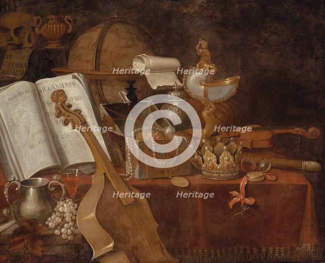 A vanitas still life with an open book, a globe, a nautilus goblet, a violin and precious objects ,  Creator: Collier, Edwaert (1642-1708).