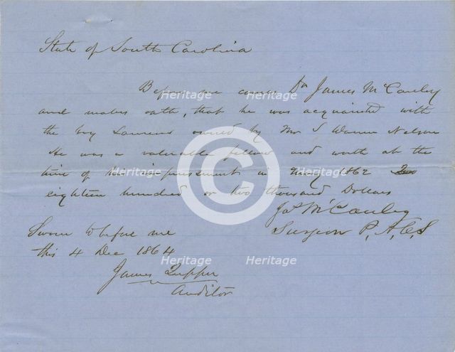 A valuation on Laurens, a slave, by a witness who knew him, 1864-12-04. Creator: Unknown.