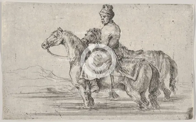 A valet taking two horses to bathe, sitting atop one horse in a river, the other besid..., ca. 1662. Creator: Stefano della Bella.