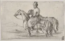 A valet taking two horses to bathe, sitting atop one horse in a river, the other besid..., ca. 1662. Creator: Stefano della Bella