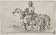 A valet taking two horses to bathe, sitting atop one horse in a river, the other besid..., ca. 1662. Creator: Stefano della Bella