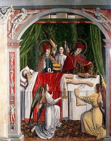 A verger's dream: Saints Cosmas and Damian performing a miraculous cure by transplant..., 1495. Creator: Master of Balbases