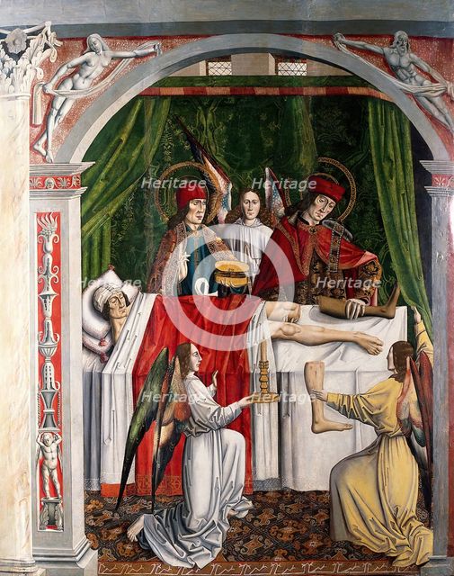A verger's dream: Saints Cosmas and Damian performing a miraculous cure by transplant..., 1495. Creator: Master of Balbases.