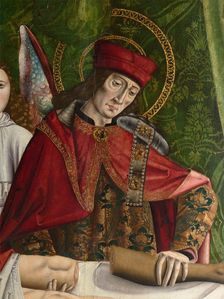 A verger's dream: Saints Cosmas and Damian performing a miraculous cure by transplant..., 1495. Creator: Master of Balbases