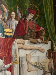 A verger's dream: Saints Cosmas and Damian performing a miraculous cure by transplant..., 1495. Creator: Master of Balbases
