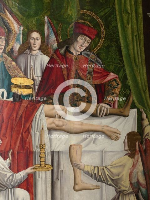 A verger's dream: Saints Cosmas and Damian performing a miraculous cure by transplant..., 1495. Creator: Master of Balbases.