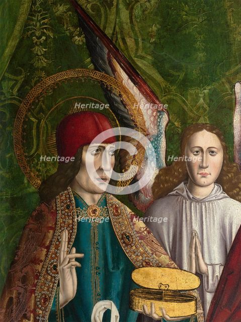 A verger's dream: Saints Cosmas and Damian performing a miraculous cure by transplant..., (1495?). Creator: Master of Balbases.