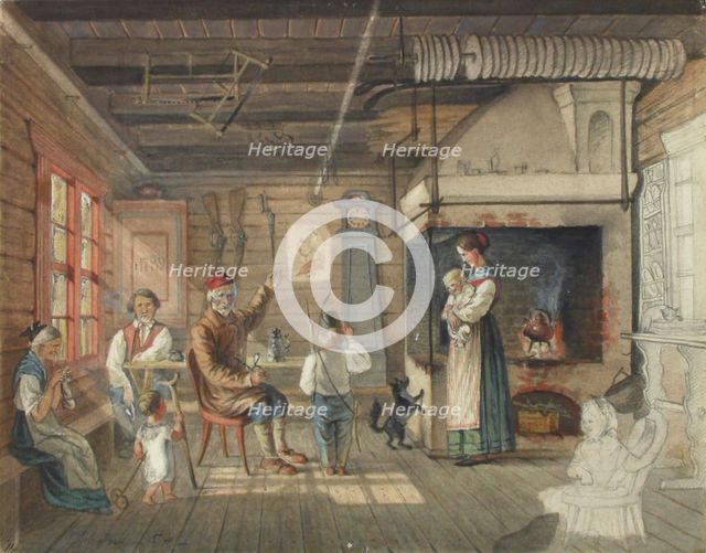 A veteran tells, peasant hut in Nauvo..., 1854. Creator: Karl Anders Ekman.