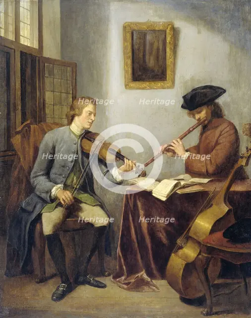 A Violinist and a Flutist Playing Music together (The Musicians), 1755. Creator: Julius Quinkhard.
