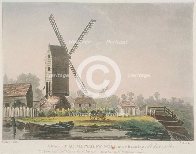 'A view of Mr Metcalf's mill near Bromley', Bow, Poplar, London, 1785. Artist: Francis Jukes