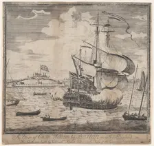 A View of Castle William by Boston in New England, early 18th century. Creator: Attributed to William Burgis