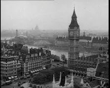 A View of the Elizabeth Tower Containing Big Ben, with the River Thames and County Hall..., 1939. Creator: British Pathe Ltd