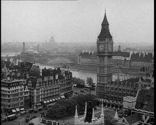 A View of the Elizabeth Tower Containing Big Ben, with the River Thames and County Hall..., 1939. Creator: British Pathe Ltd