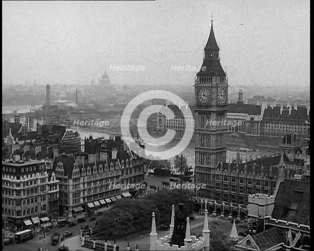 A View of the Elizabeth Tower Containing Big Ben, with the River Thames and County Hall..., 1939. Creator: British Pathe Ltd.