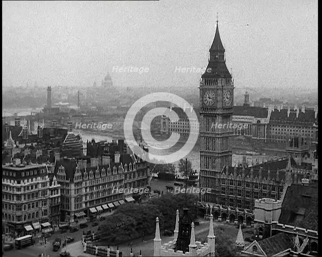 A View of the Elizabeth Tower Containing Big Ben, with the River Thames and County Hall..., 1939. Creator: British Pathe Ltd.