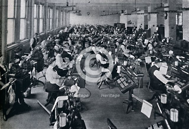 'A View of the Largest Battery of Composing Machines in the World', 1916. Artist: Unknown.