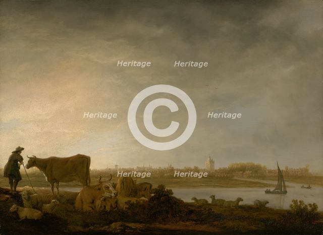 A View of Vianen with a Herdsman and Cattle by a River, c. 1643/45. Creator: Aelbert Cuyp.