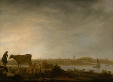 A View of Vianen with a Herdsman and Cattle by a River, c. 1643/45. Creator: Aelbert Cuyp
