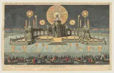 A View of ye Grand Theatre & Fireworks erected on ye Water near ye Court at ye Hague (on O..., 1794. Creator: Robert Laurie