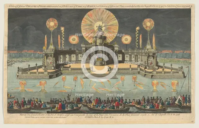A View of ye Grand Theatre & Fireworks erected on ye Water near ye Court at ye Hague (on O..., 1794. Creator: Robert Laurie.