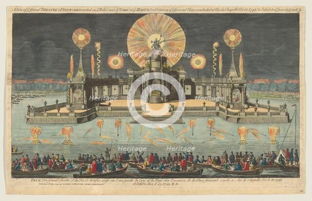 A View of ye Grand Theatre & Fireworks erected on ye Water near ye Court at ye Hague (on O..., 1794. Creator: Robert Laurie.