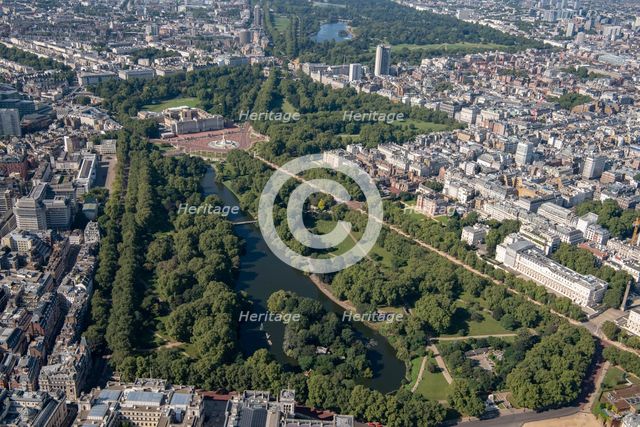 A view across St James' Park towards Buckingham Palace and Green Park, Westminster, London, 2021 . Creator: Damian Grady.
